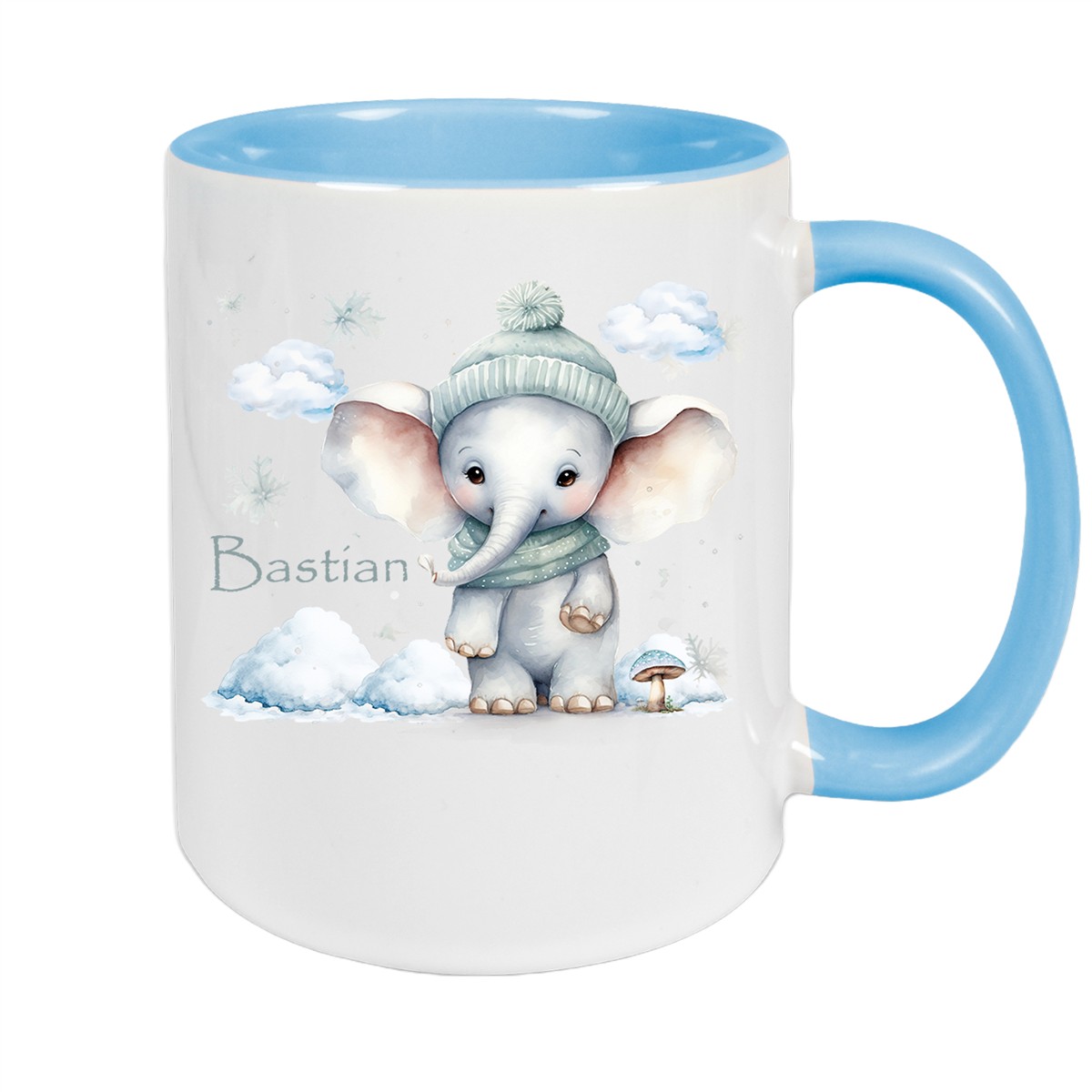 Tasse Wunschname Christmas Elefant #2 Keramik Kinderbecher Hellblau