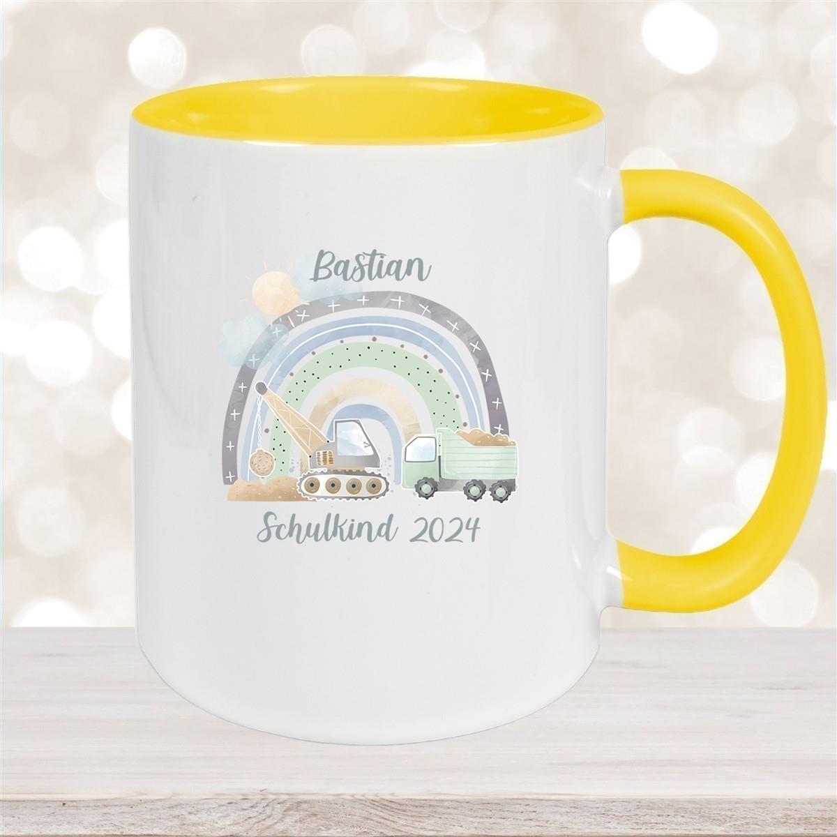 Tasse Schulkind 08 Wunschname Rainbow Baustelle Keramik Kinderbecher Personalisiert versch. Farben