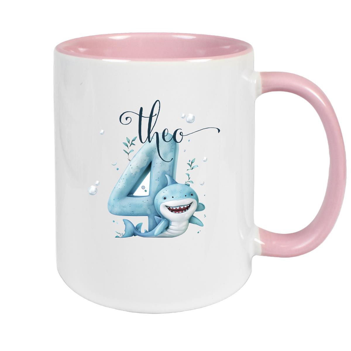 Tasse Geburtstag Hai Zahl 1 Wunschname Keramik Kinderbecher Personalisiert versch. Farben