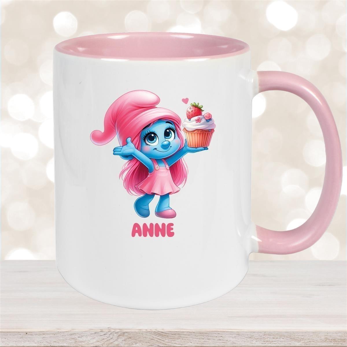 Tasse Kinder Schlumpf 2 mit Muffin Wunschname Keramik Kinderbecher personalisiert versch. Farben