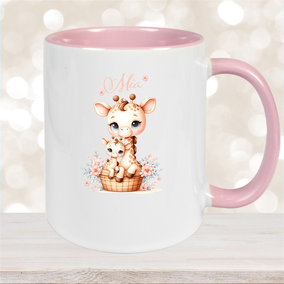 Tasse Wunschname Giraffe #2 Kinderbecher Keramik Altrosa