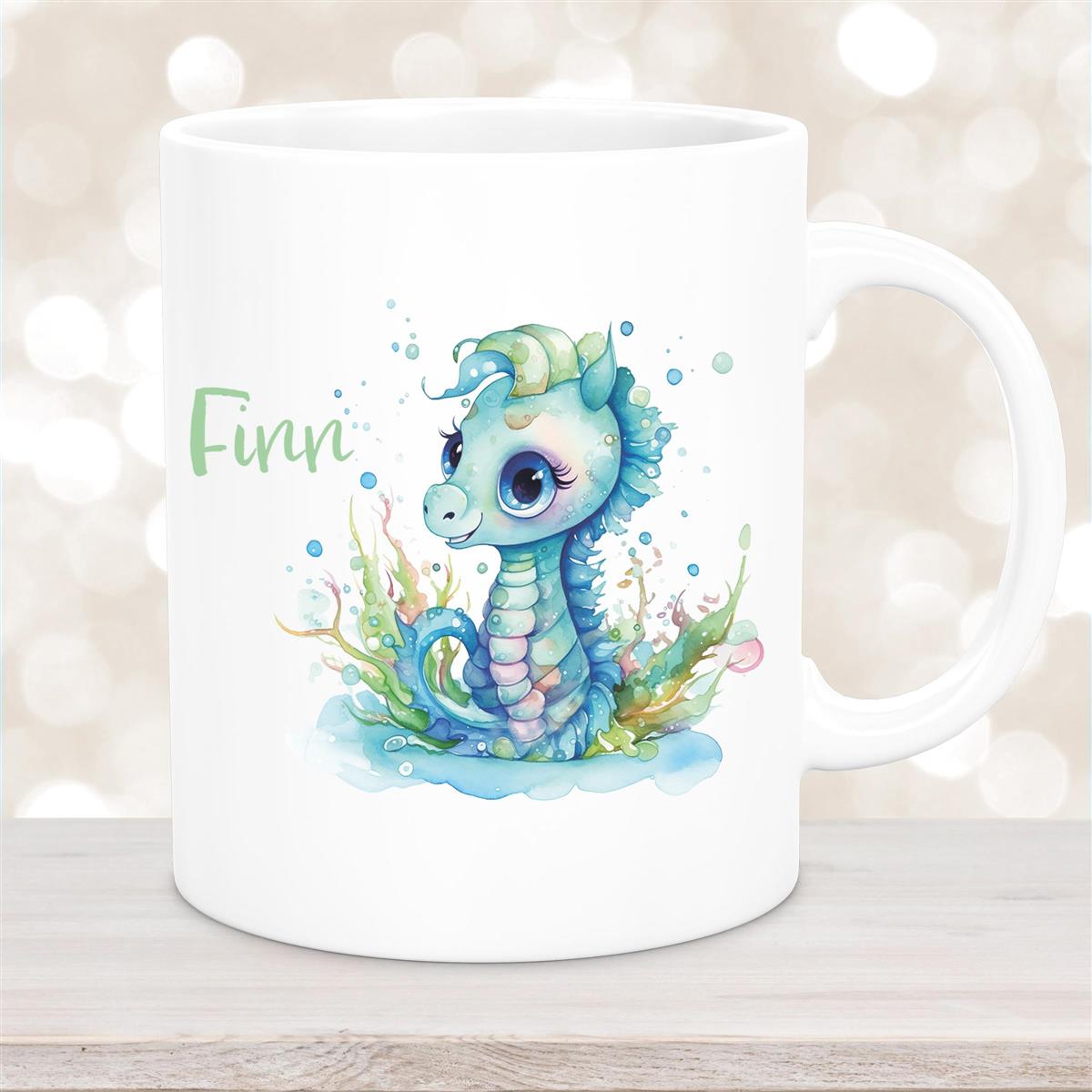 Tasse Wunschname Meerestiere-Seepferdchen #1 Keramik Kinderbecher Weiß