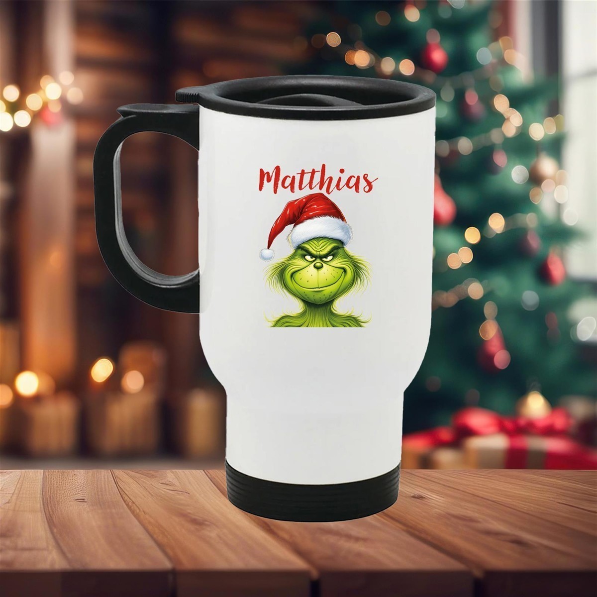 Edelstahl-Thermobecher mit Deckel Weihnachten Grinch 3# personalisiert weiß Edelstahl-Thermobecher mit Deckel Weihnachten Grinch 3# personalisiert weiß