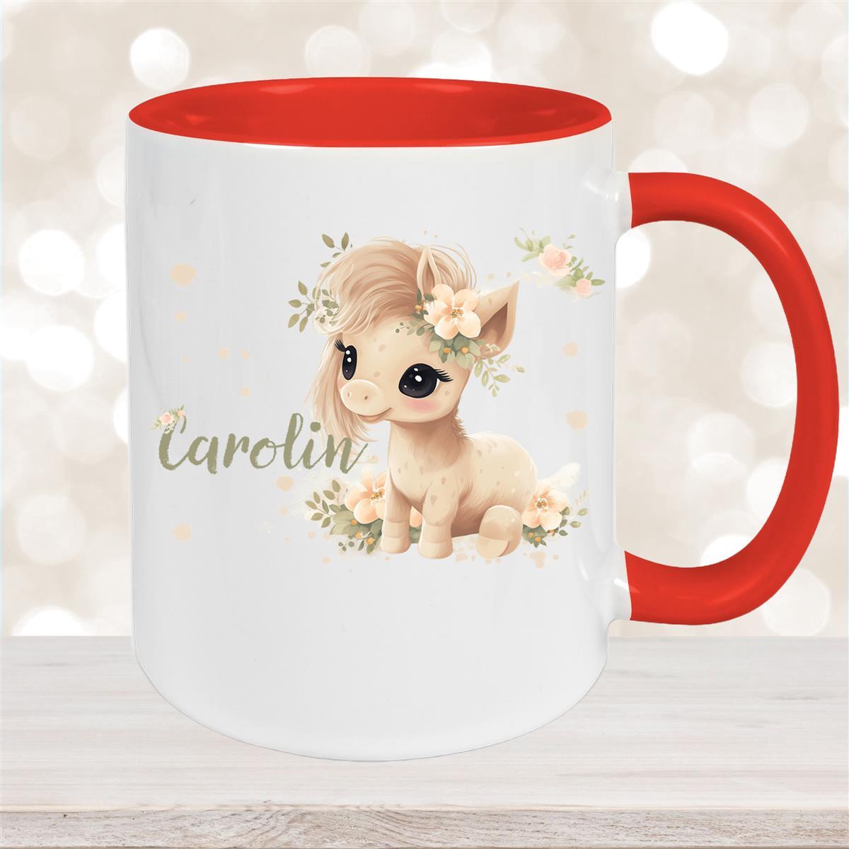 Tasse Pferd #5 Wunschname Keramik Kinderbecher personalisiert Rot