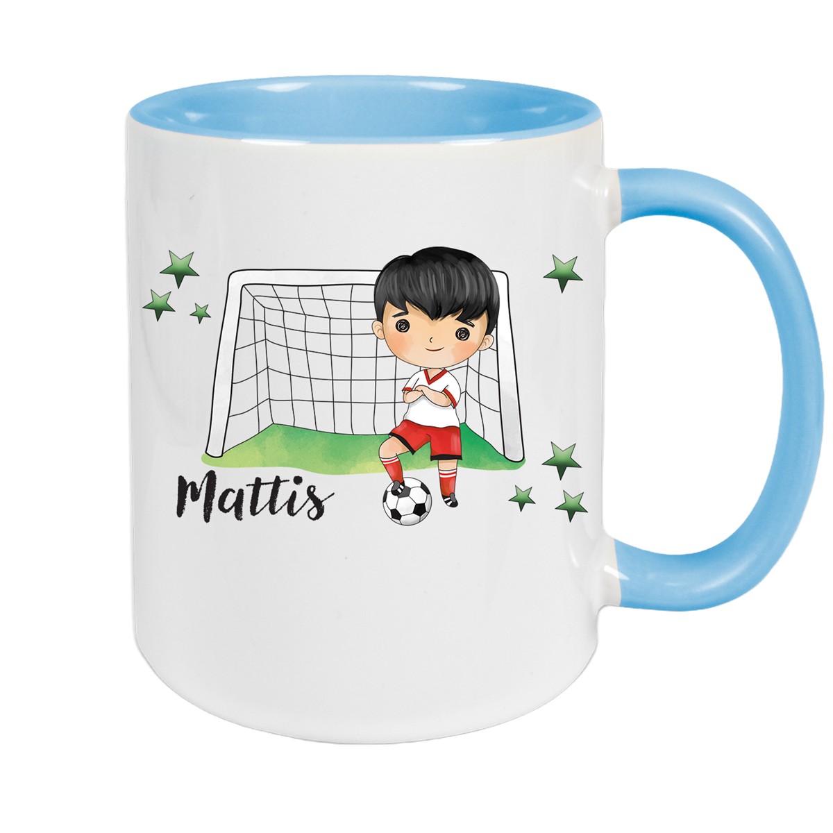 Tasse Fußball #2 Wunschname Keramik Kinderbecher personalisiert Hellblau