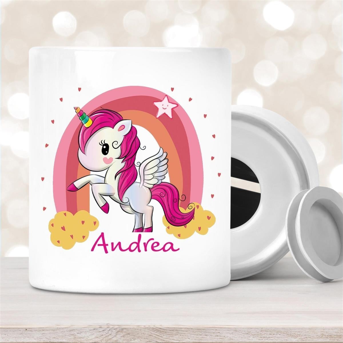 Spardose mit Wunschname Regenbogen-Einhorn personalisiert Spardose mit Wunschname Regenbogen-Einhorn personalisiert