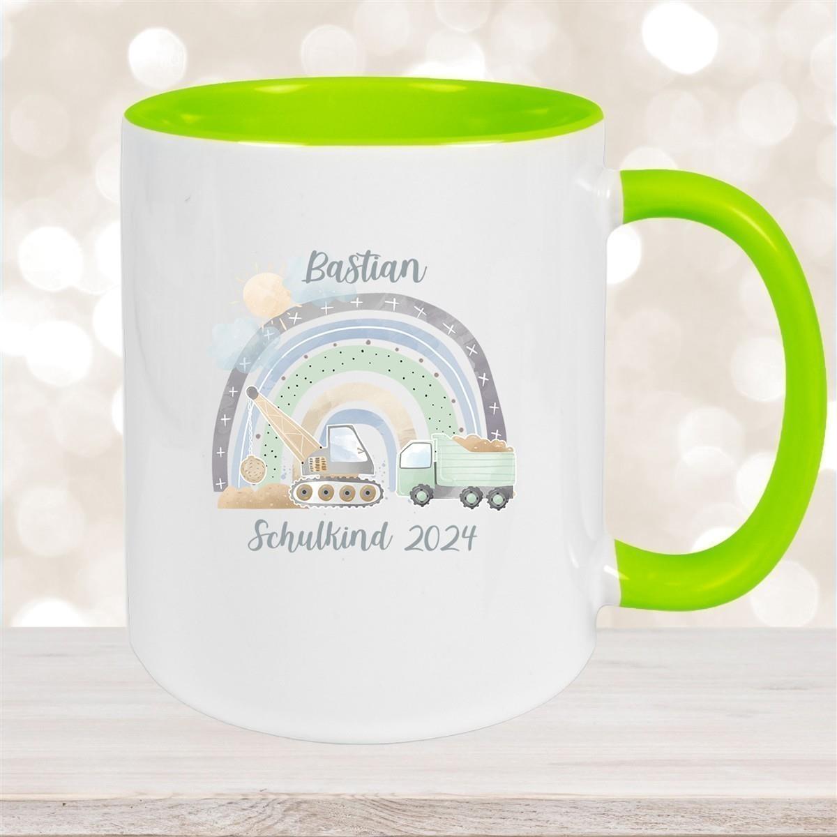 Tasse Schulkind 08 Wunschname Rainbow Baustelle Keramik Kinderbecher Personalisiert versch. Farben