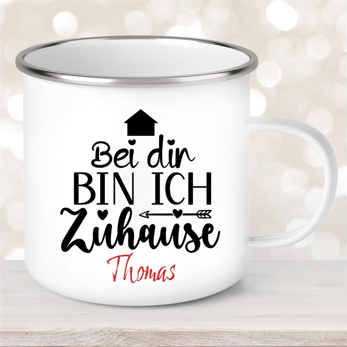 Tasse Liebe -  Spruch "Bei dir bin ich zu Hause" Valentinstag Wunschnamen Emaille personalisiert