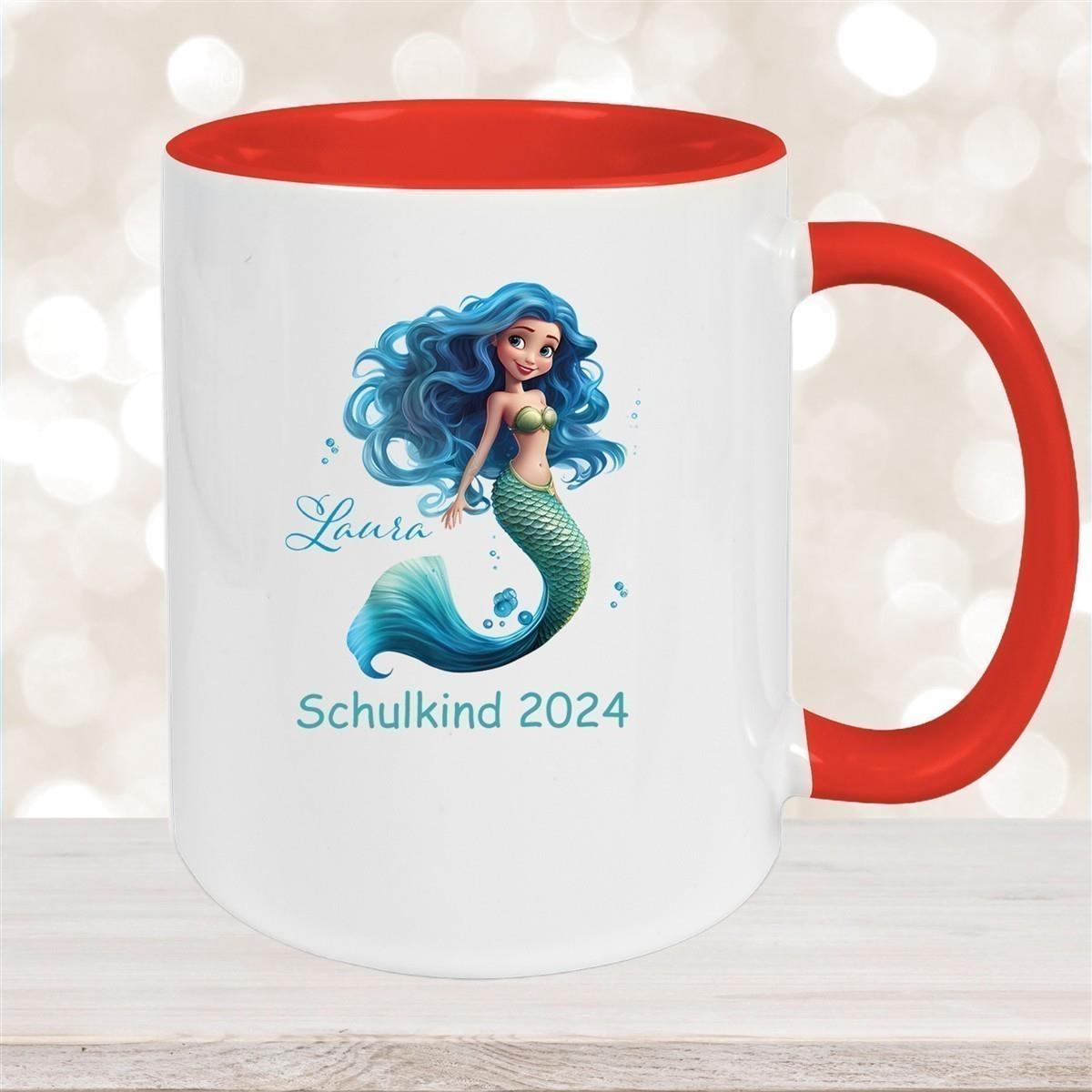 Tasse Schulkind 10 Wunschname Meerjungfrau 1 Keramik Kinderbecher Personalisiert versch. Farben
