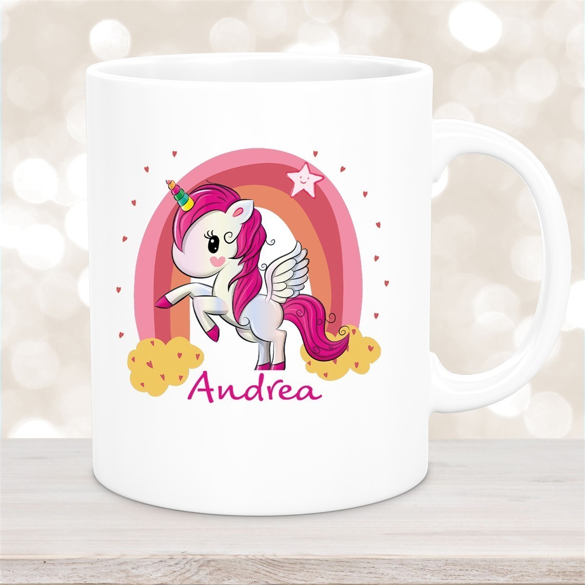 Tasse Wunschname Regenbogen-Einhorn Keramik Kinderbecher personalisiert versch. Farben