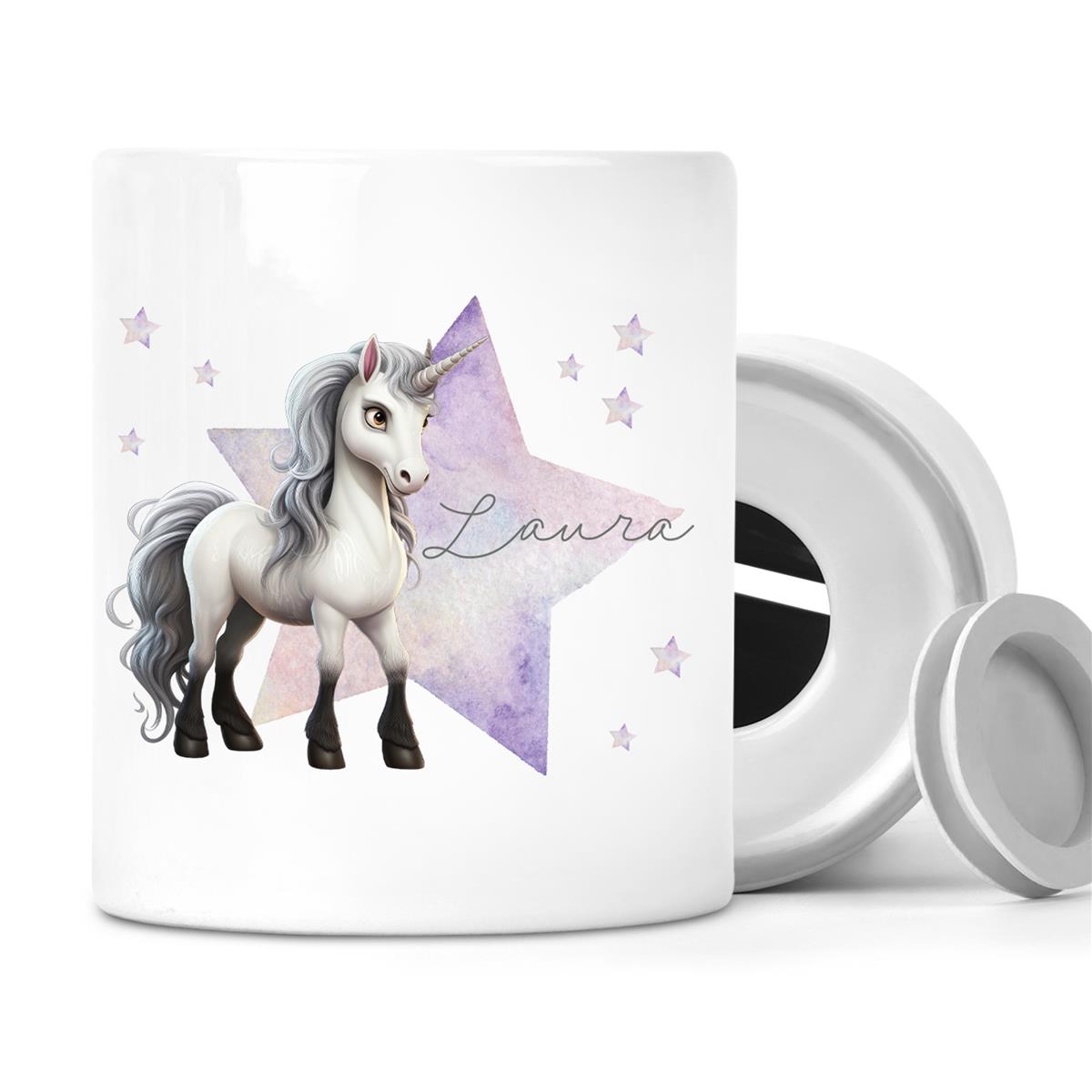 Spardose mit Wunschname Einhorn Stern 1 personalisiert