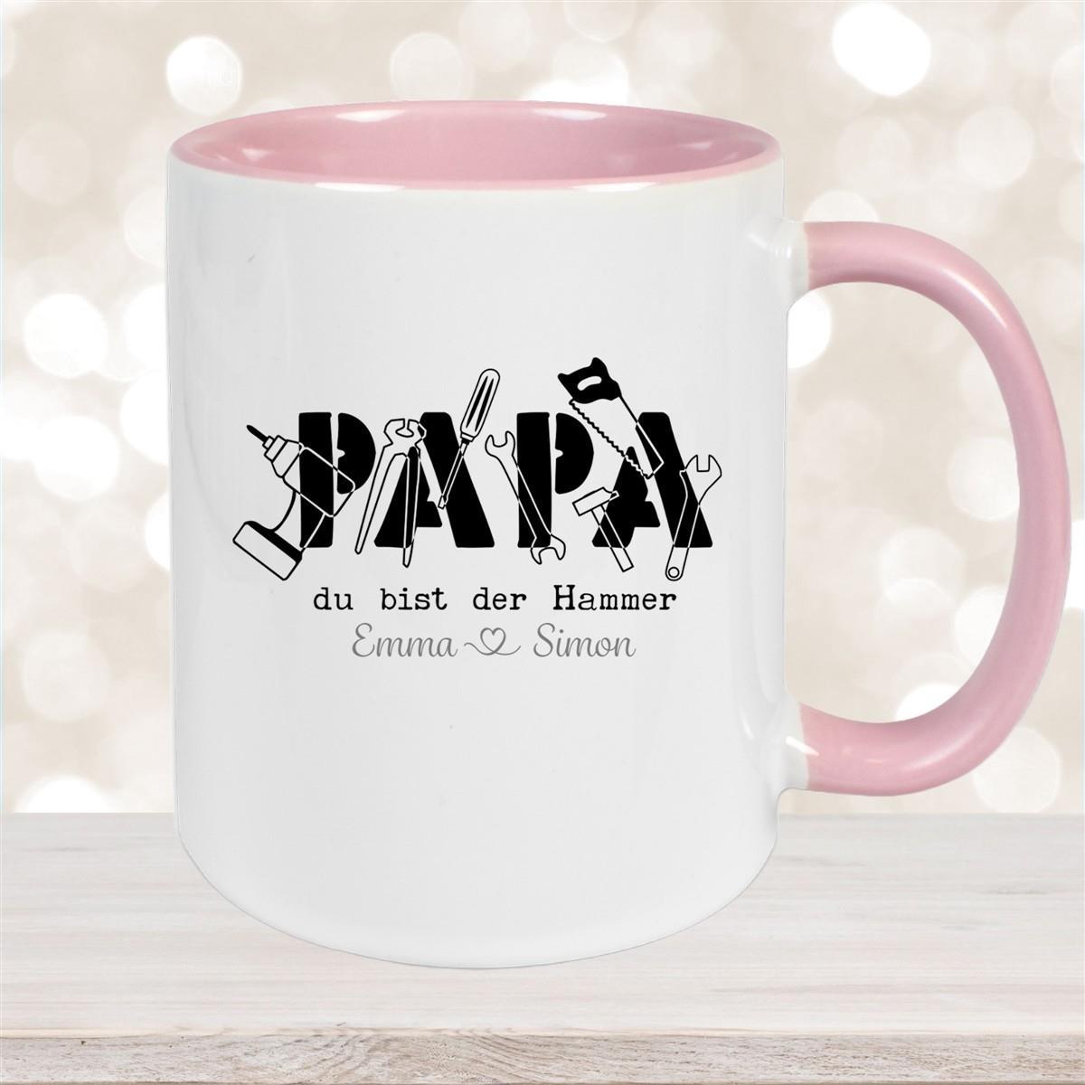 Tasse Vatertag 9 Papa, "Du bist der Hammer" Wunschnamen Keramik Personalisiert versch. Farben