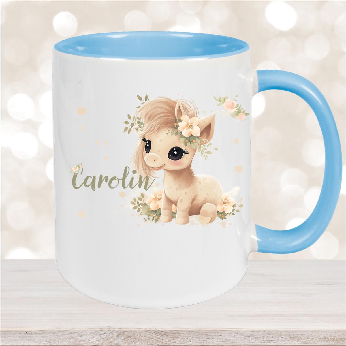 Tasse Pferd #5 Wunschname Keramik Kinderbecher personalisiert Hellblau