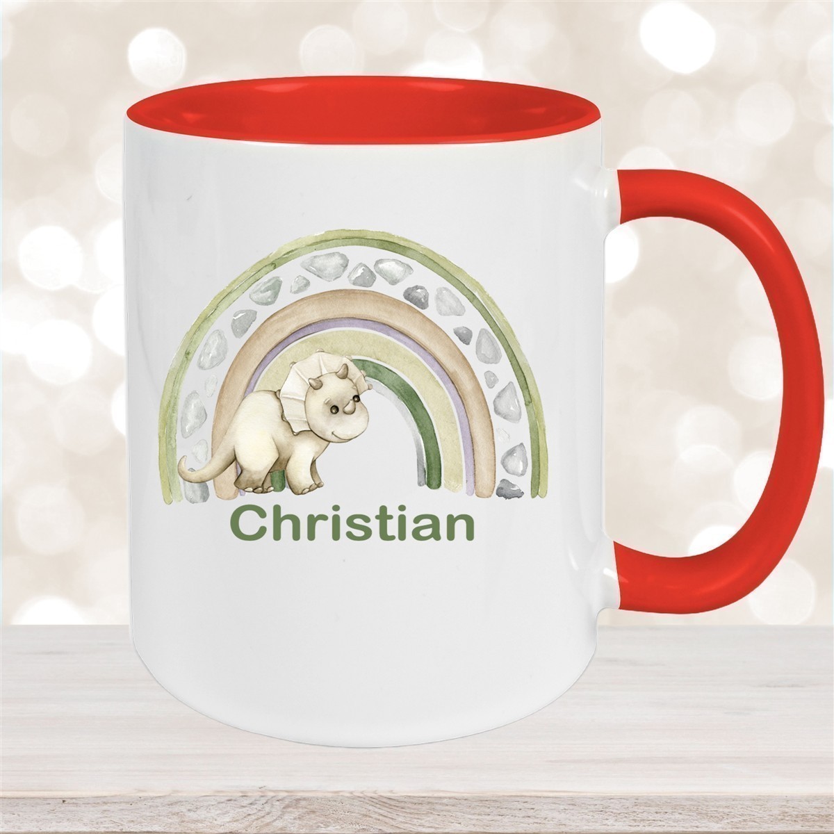 Tasse Wunschname Regenbogen-Dino Keramik Kinderbecher versch. Farben
