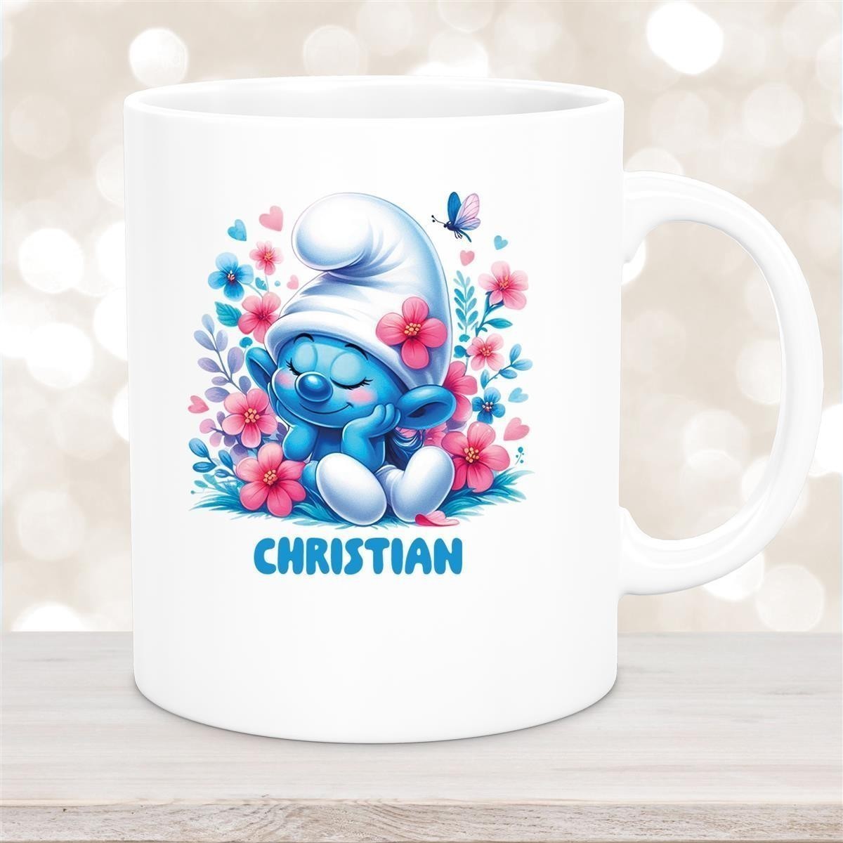 Tasse Kinder Schlumpf #1 mit Blumen Wunschname Keramik Kinderbecher personalisiert versch. Farben