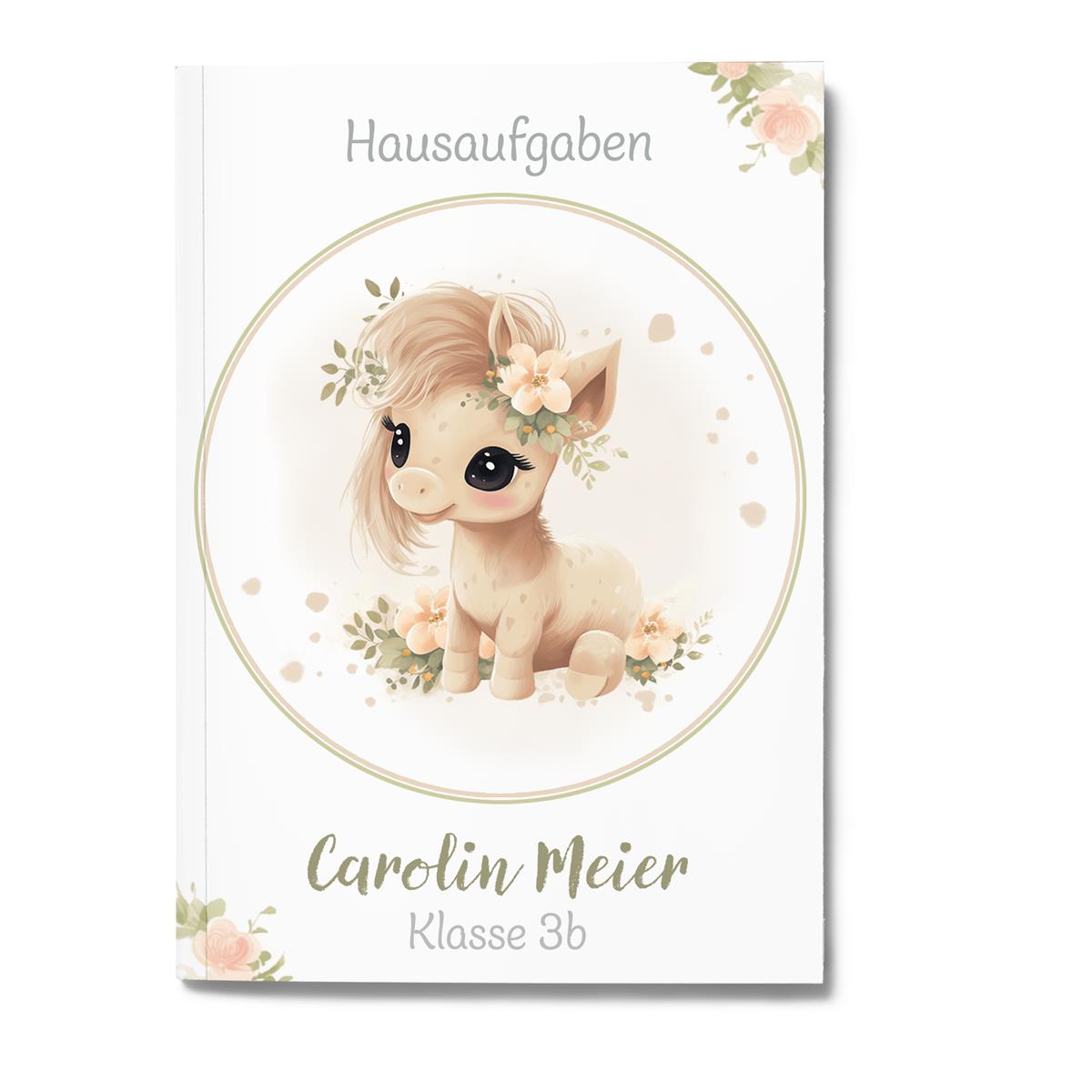 Hausaufgabenheft Pferd 5  DIN A5 - 48 Blatt mit Name und Klasse