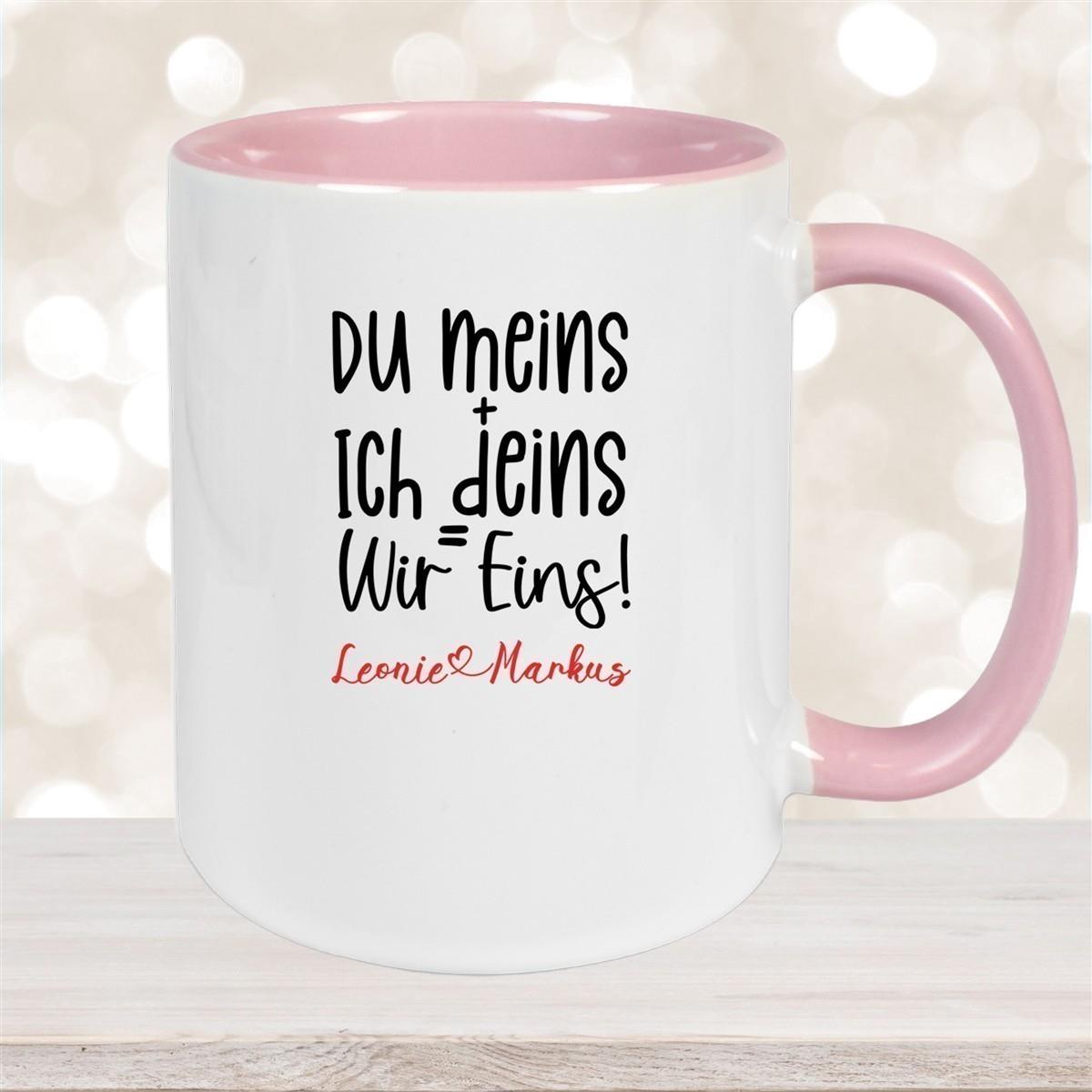 Tasse Liebe - Spruch "du meins, ich deins, wir eins" Valentinstag Wunschnamen Keramik personalisiert versch. Farben