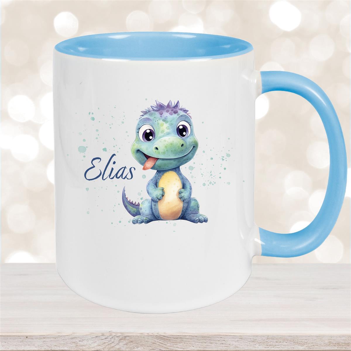 Tasse Dino #13 Wunschname Keramik Kinderbecher Personalisiert Hellblau