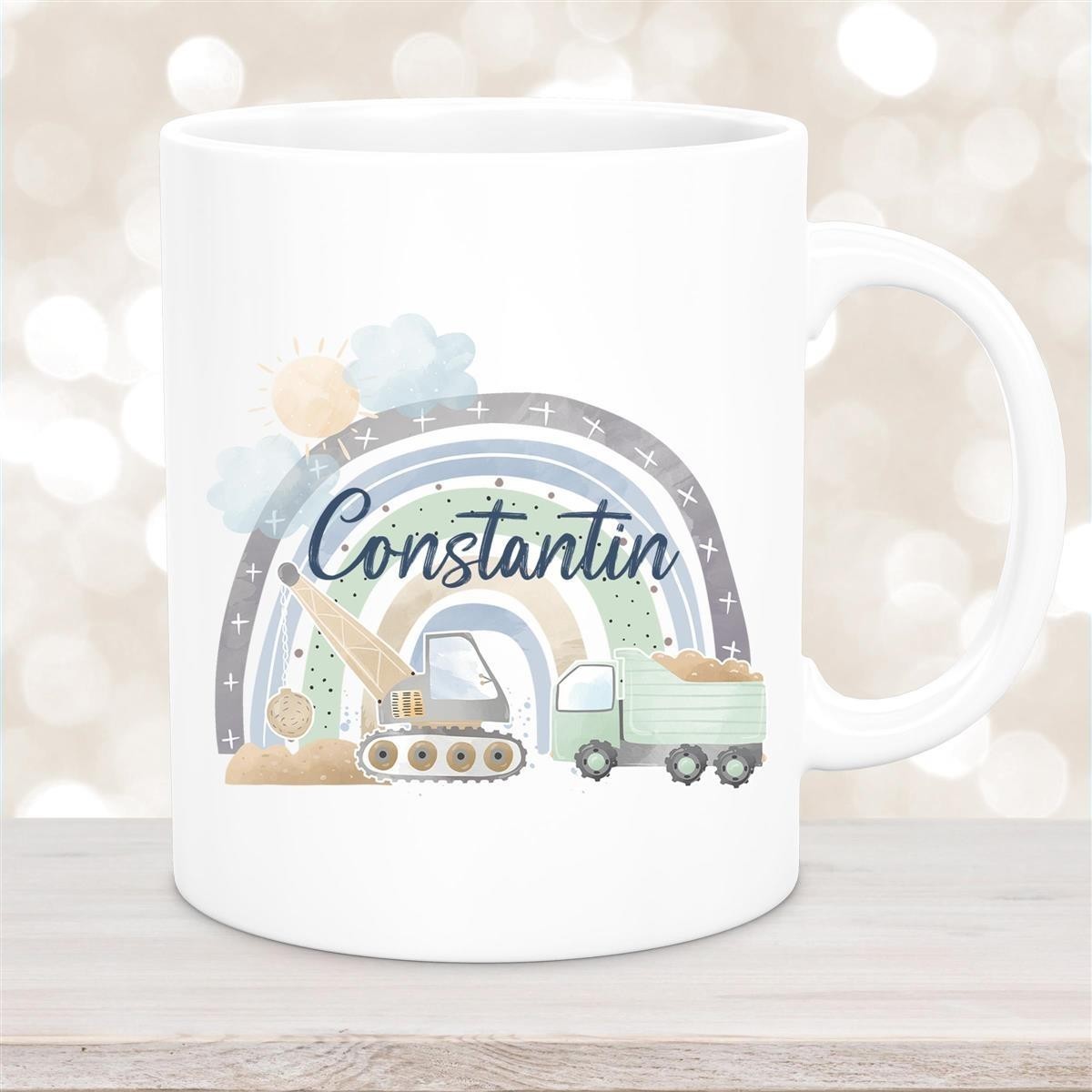 Tasse Wunschname Baustelle Regenbogen #1 Keramik Kinderbecher Weiß Tasse Wunschname Baustelle Regenbogen #1 Keramik Kinderbecher Weiß