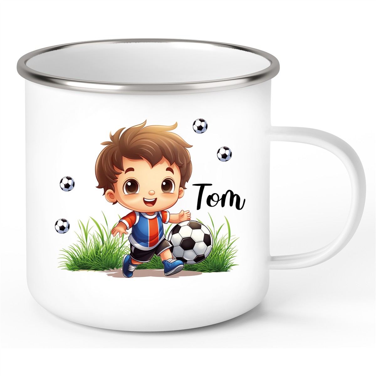 Tasse Fußball #8 Wunschname Emaille Kinderbecher personalisiert