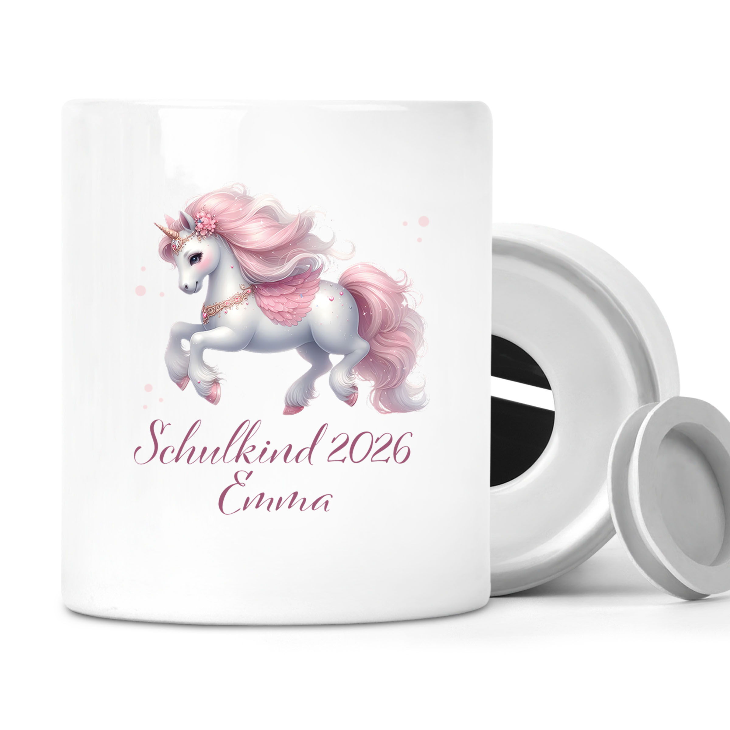 Spardose mit Wunschname Schulanfang 3 Einhorn personalisiertt
