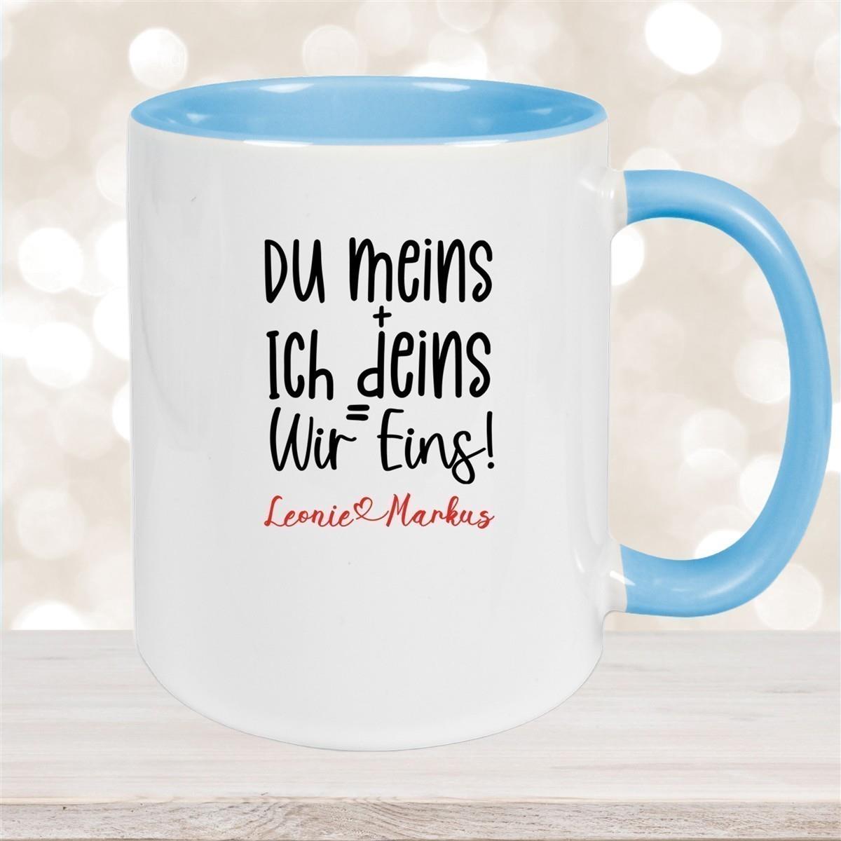 Tasse Liebe - Spruch "du meins, ich deins, wir eins" Valentinstag Wunschnamen Keramik personalisiert versch. Farben