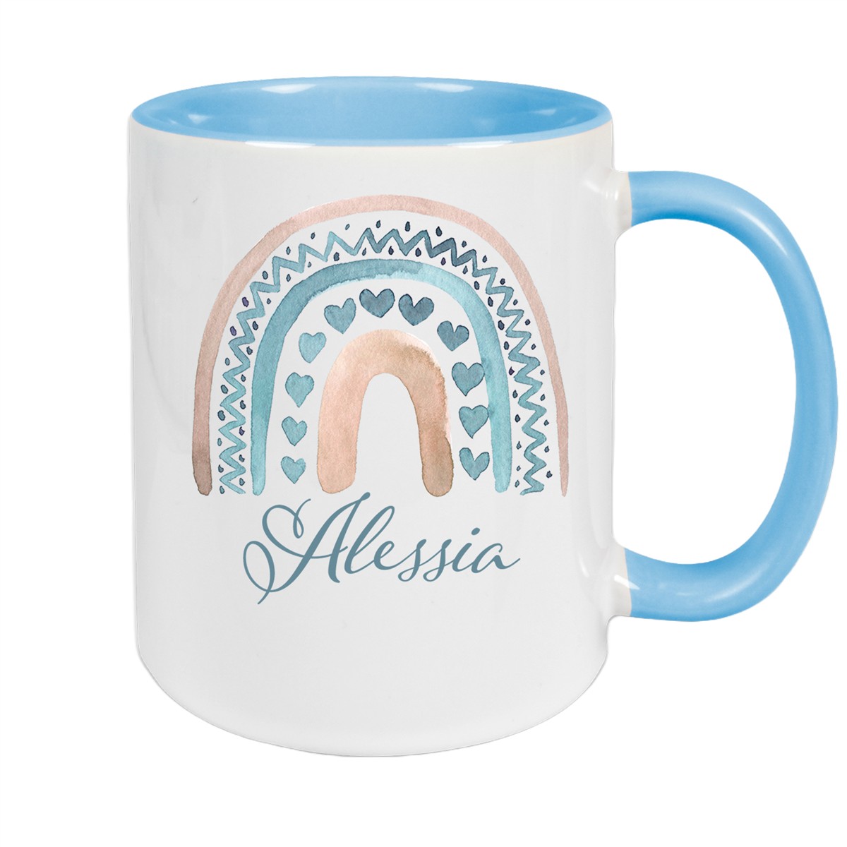 Tasse Wunschname Regenbogen #5 Keramik Kinderbecher Hellblau