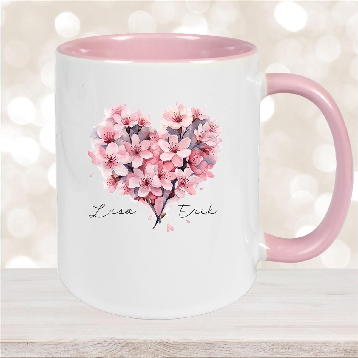Tasse Liebe - Kirschblüten-Herz Valentinstag Wunschnamen Keramik personalisiert versch. Farben