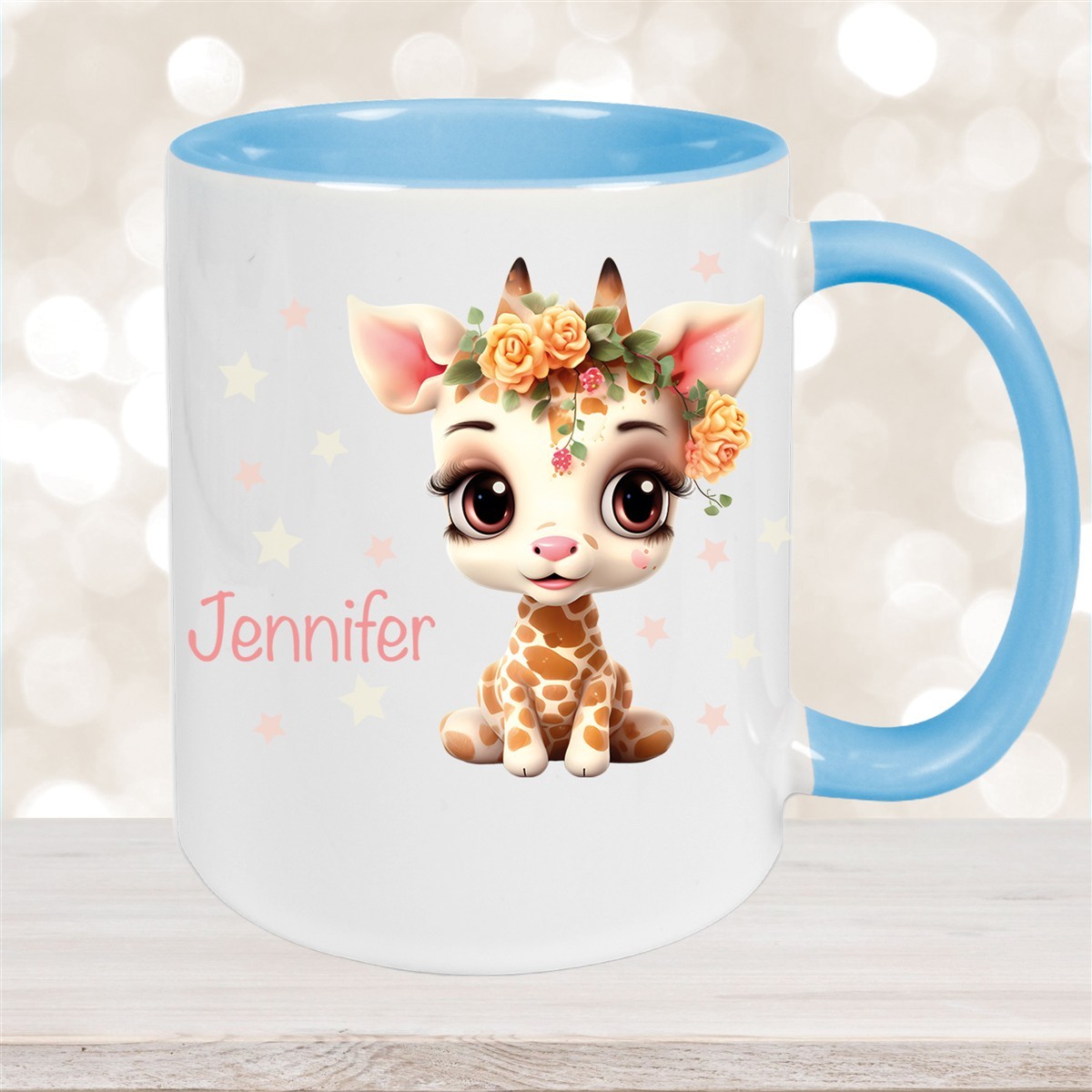 Tasse Wunschname Giraffe #1 Keramik Kinderbecher Hellblau