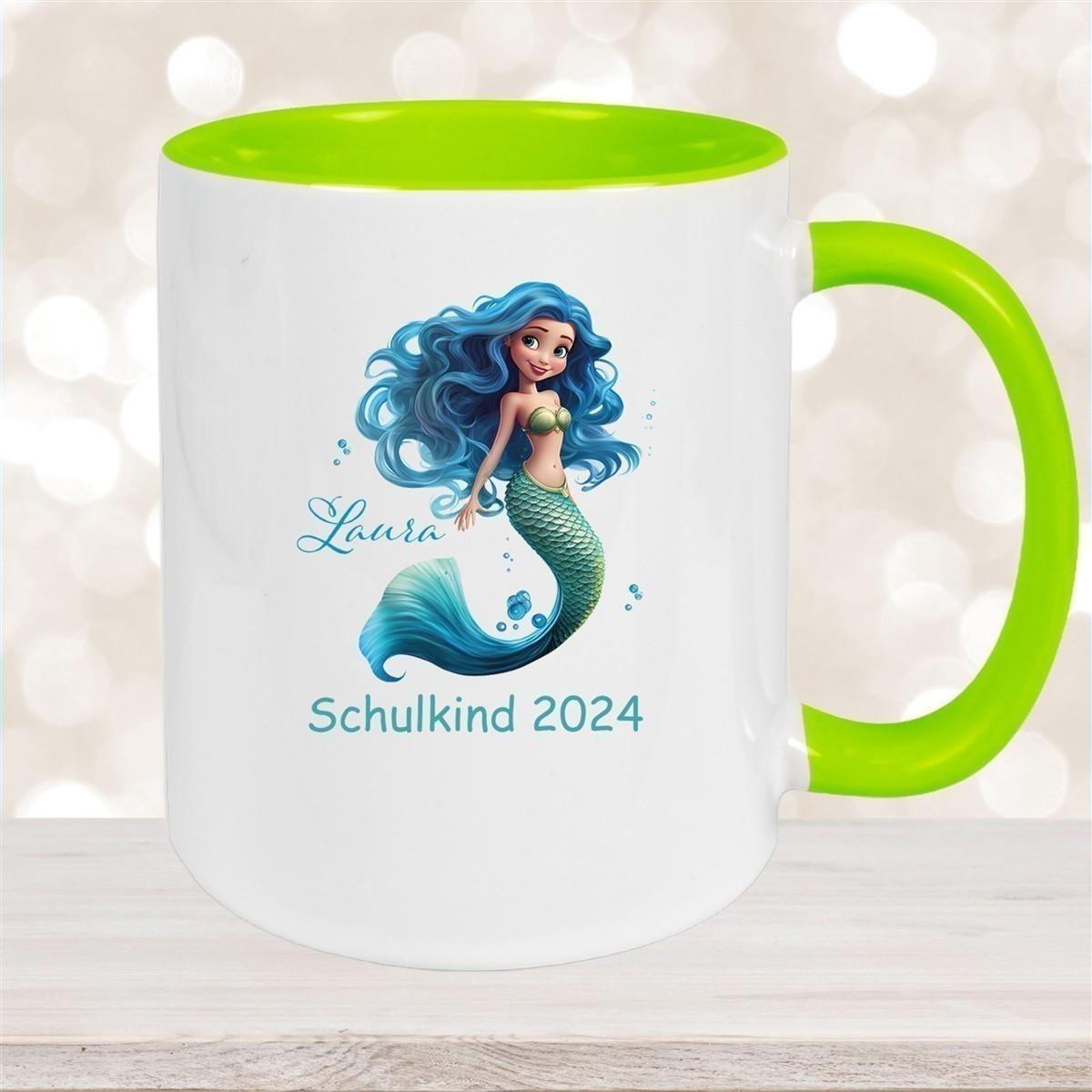 Tasse Schulkind 10 Wunschname Meerjungfrau 1 Keramik Kinderbecher Personalisiert versch. Farben