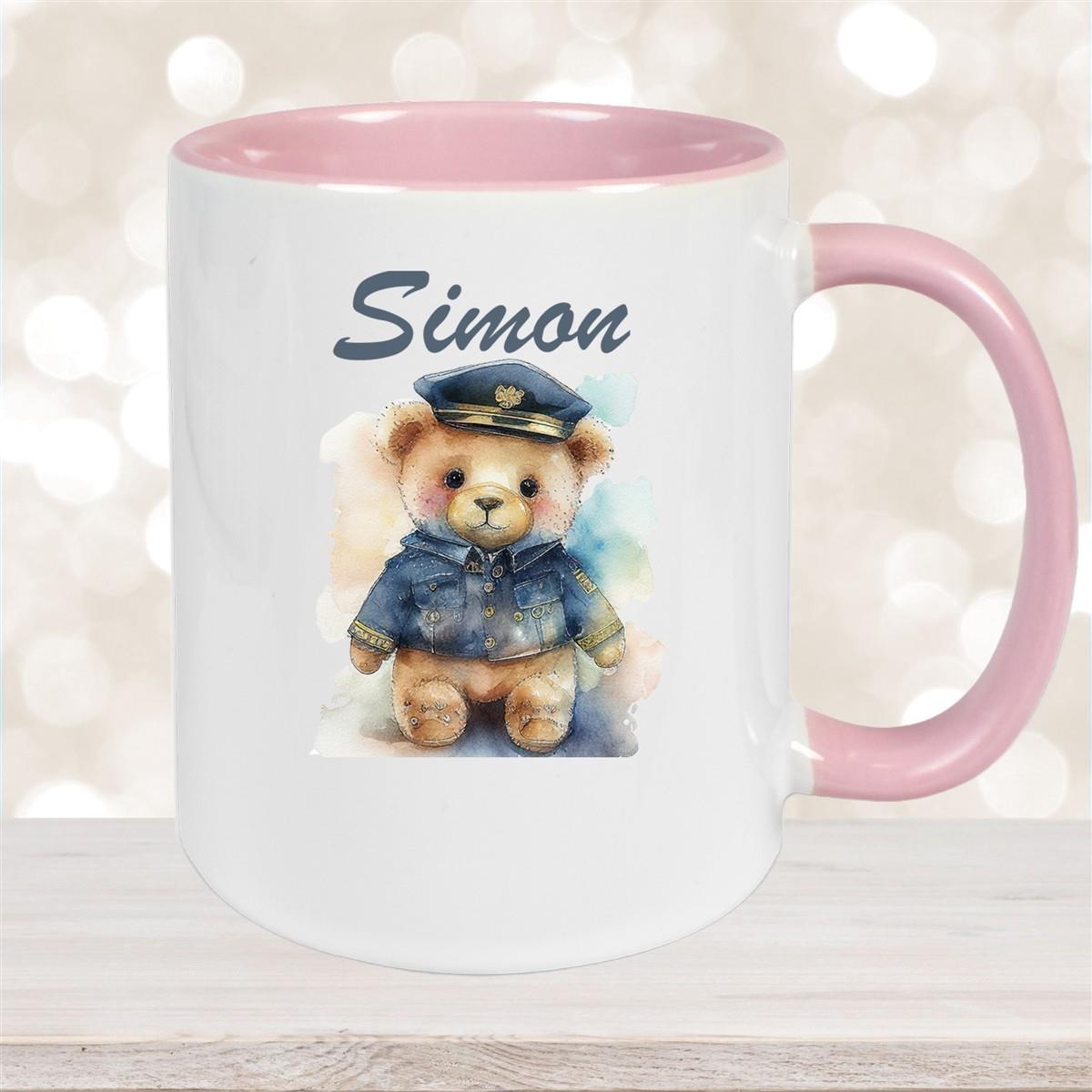 Tasse Polizei Teddy 1 Wunschname Keramik Kinderbecher personalisiert versch. Farben