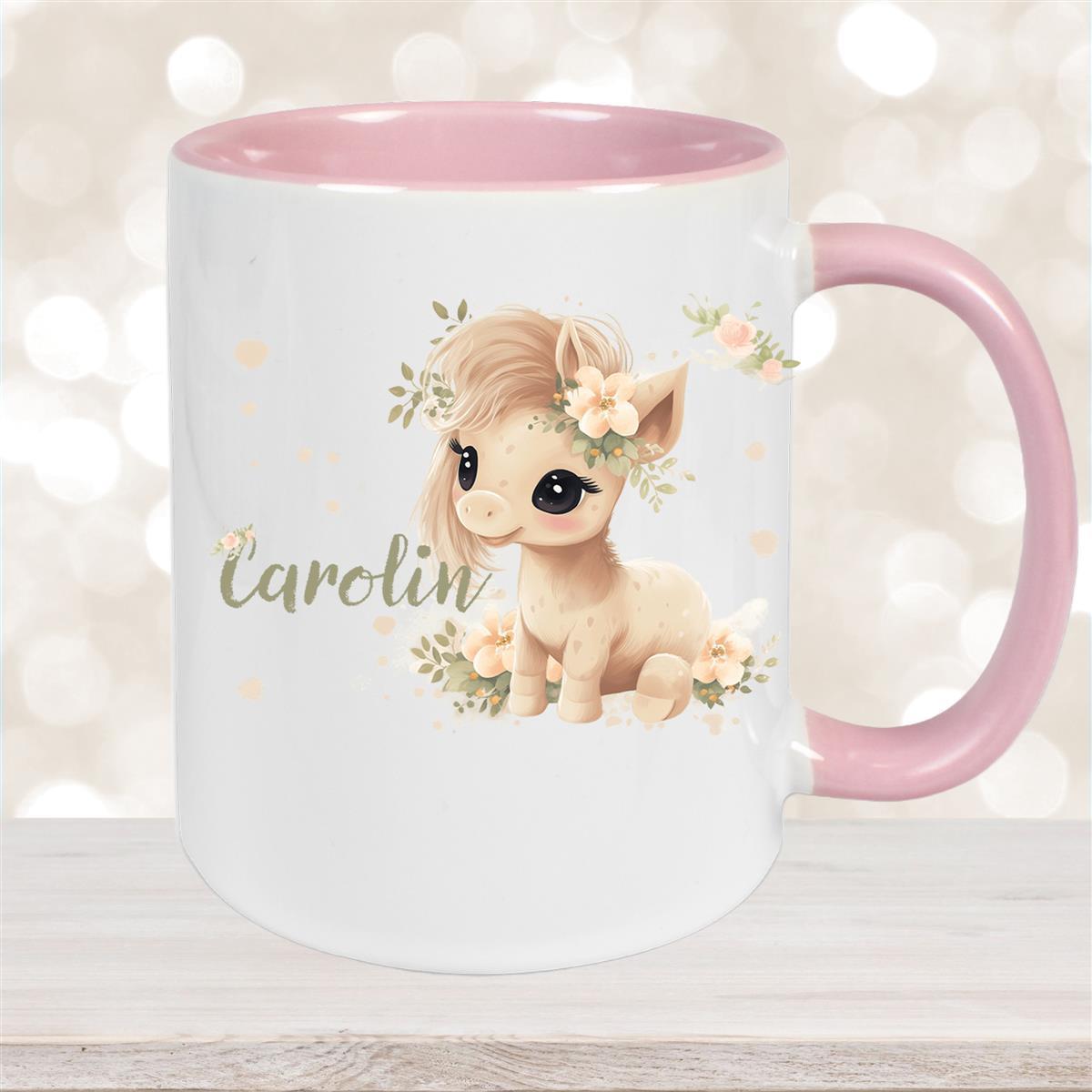 Tasse Pferd #5 Wunschname Keramik Kinderbecher personalisiert Altrosa