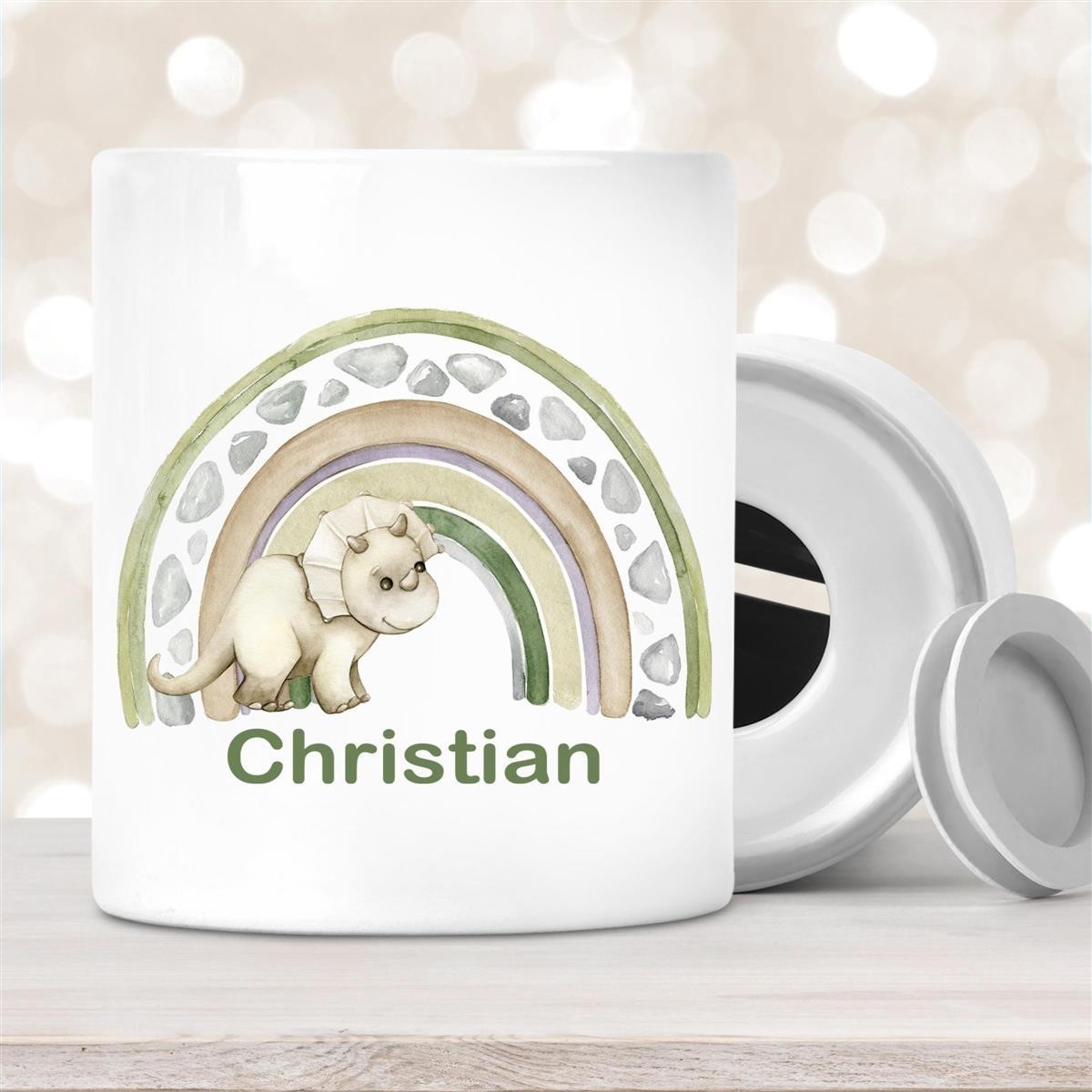 Spardose mit Wunschname Regenbogen-Dino personalisiert Spardose mit Wunschname Regenbogen-Dino personalisiert