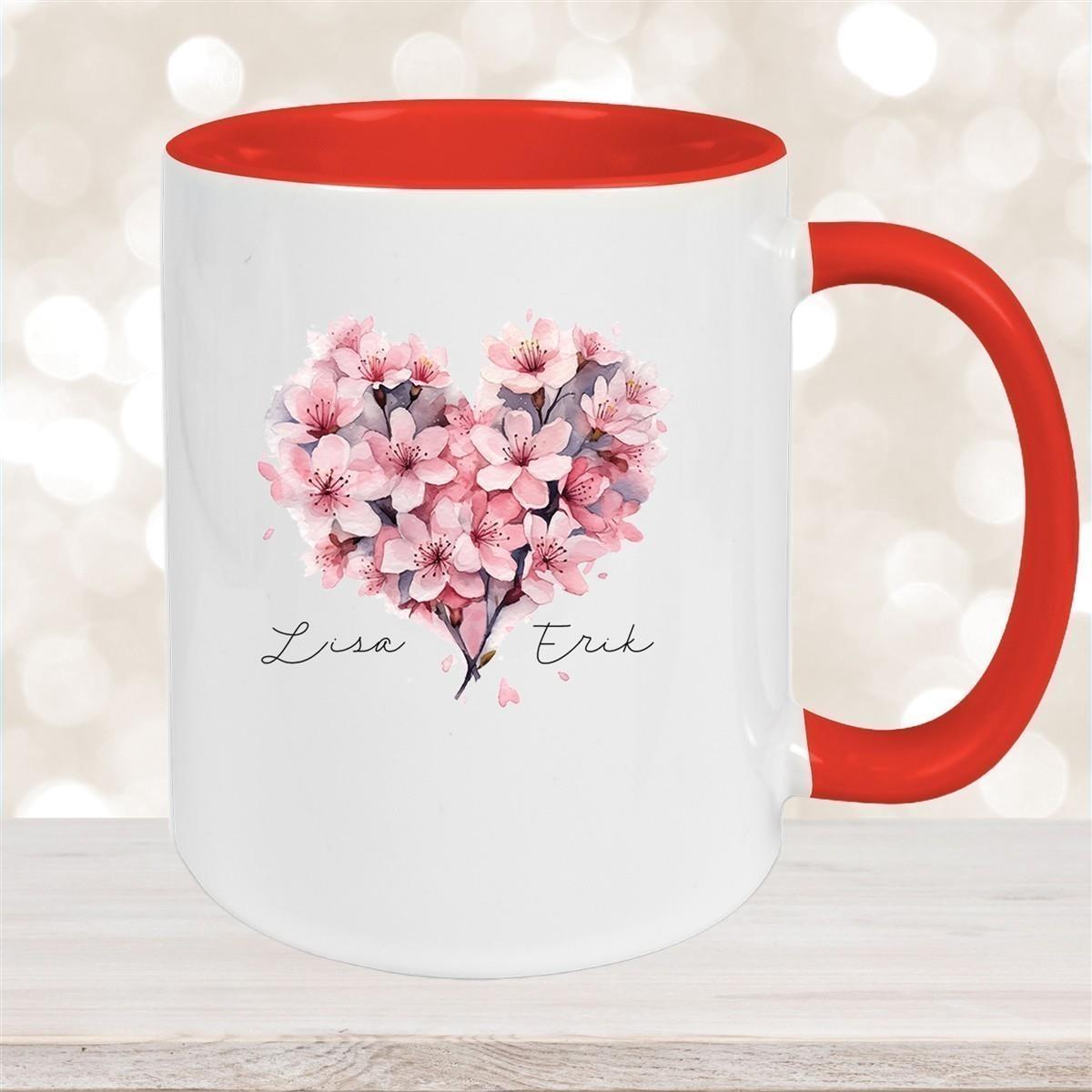 Tasse Liebe - Kirschblüten-Herz Valentinstag Wunschnamen Keramik personalisiert versch. Farben