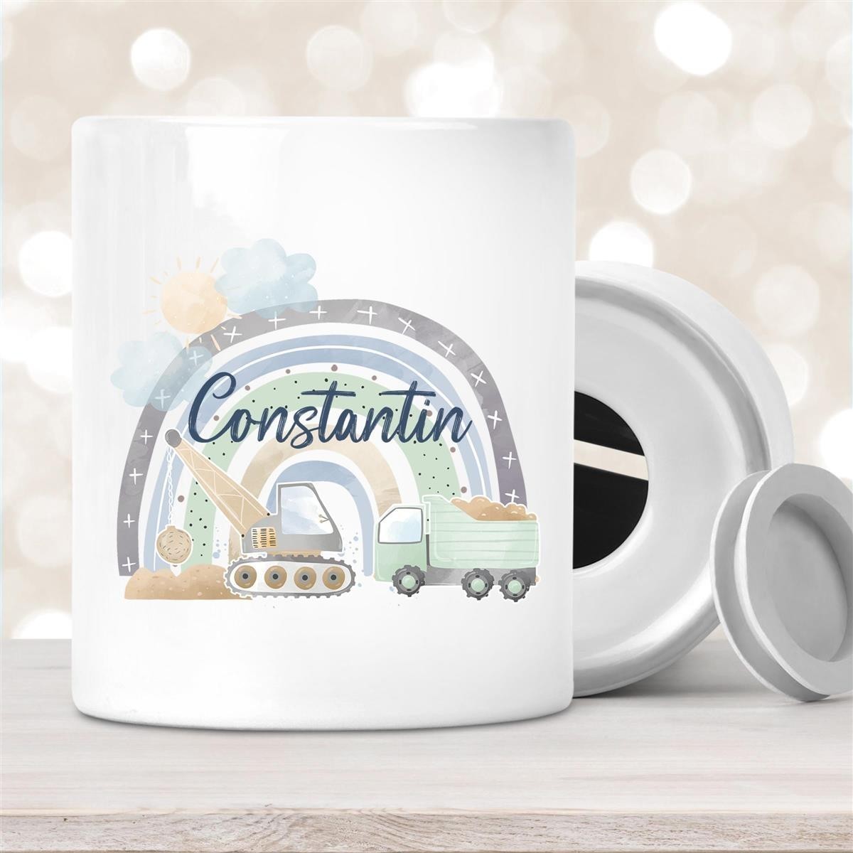 Spardose mit Wunschname Baustelle Regenbogen #1 personalisiert Spardose mit Wunschname Baustelle Regenbogen #1 personalisiert