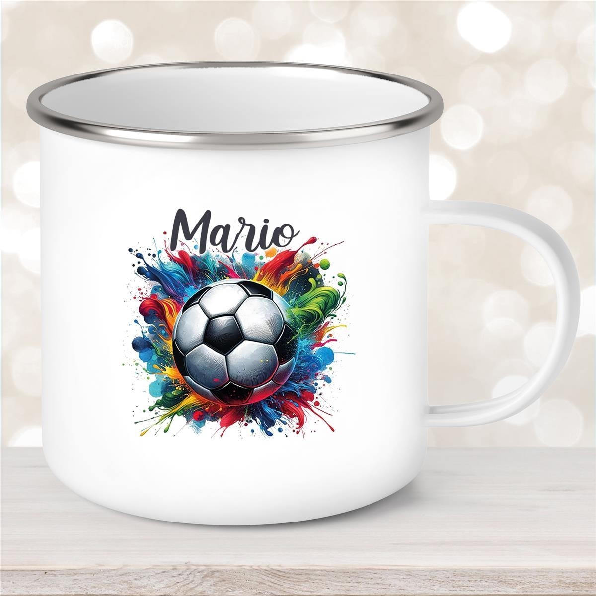 Tasse Fußball #12 Wunschname Emaille Kinderbecher personalisiert