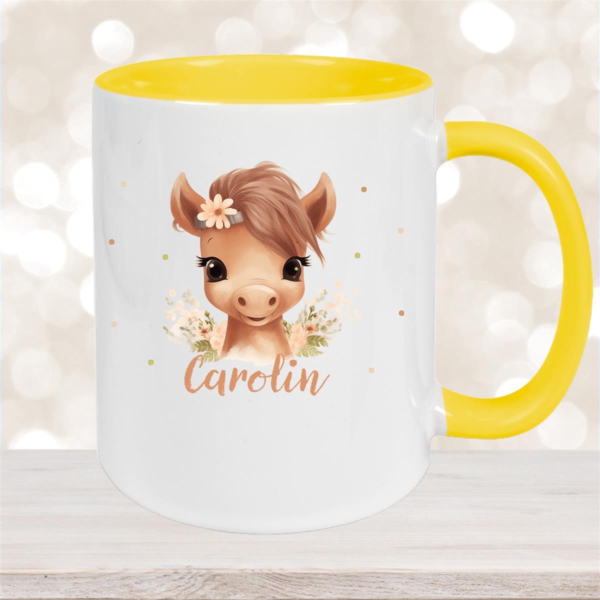 Tasse Pferd #6 Wunschname Keramik Kinderbecher personalisiert Gelb