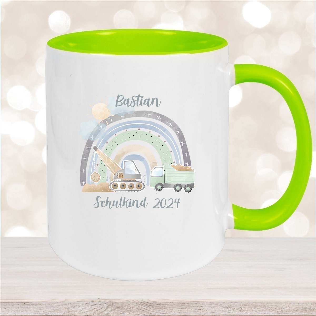 Tasse Schulkind #08 Wunschname Rainbow Baustelle Keramik Kinderbecher Personalisiert versch. Farben