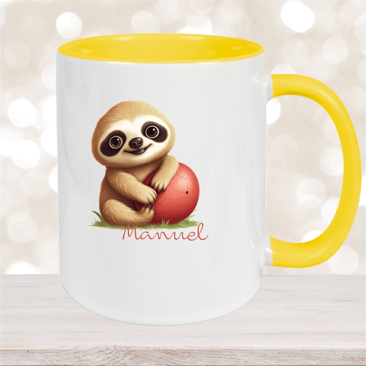 Tasse Wunschname Faultier-Ball Keramik Kinderbecher Personalisiert Gelb