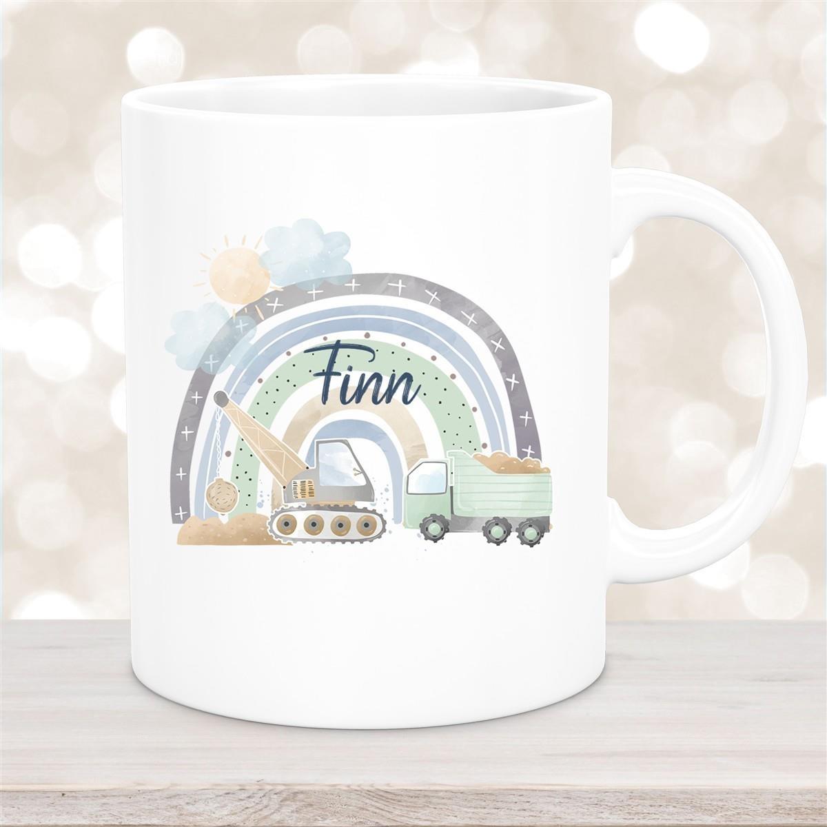 Tasse Wunschname Baustelle Regenbogen 1 Keramik Kinderbecher versch. Farben