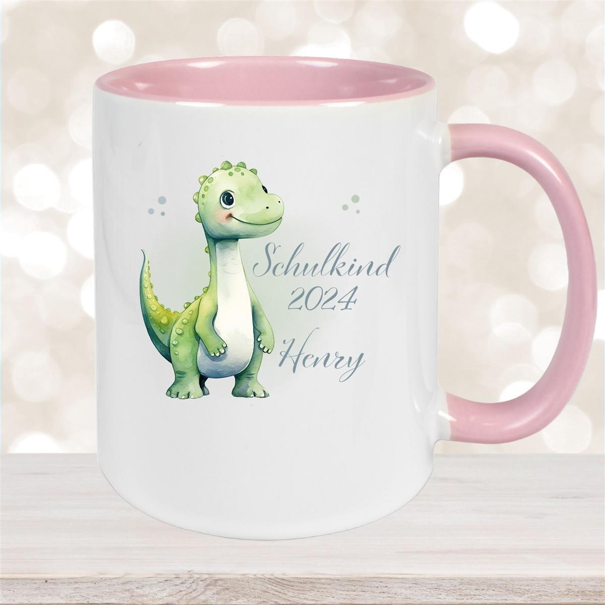 Tasse Schulkind 4 Wunschname Dino1 Keramik Kinderbecher Personalisiert versch. Farben