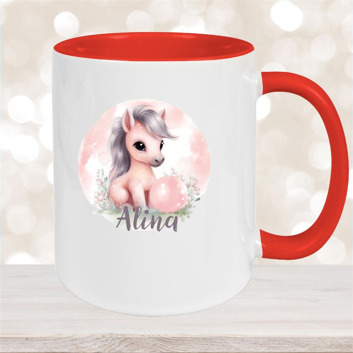 Tasse Pferd #7 Wunschname Keramik Kinderbecher personalisiert Rot