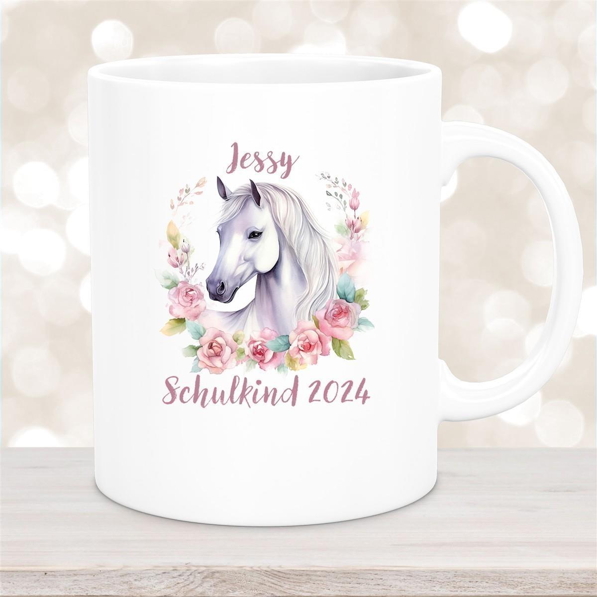 Tasse Schulkind 14 Wunschname Pferd1 Keramik Kinderbecher Personalisiert versch. Farben