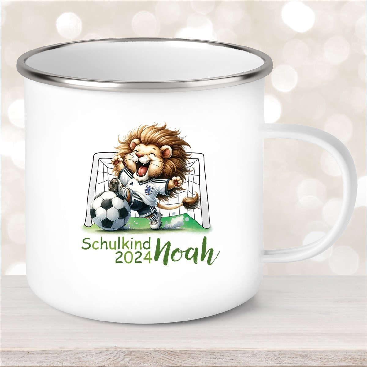 Tasse Schulkind #13 Wunschname Fußball#2 Emaille Kinderbecher Personalisiert