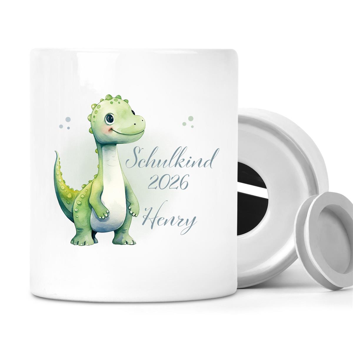 Spardose mit Wunschname Schulanfang 4 Dino1 personalisiert