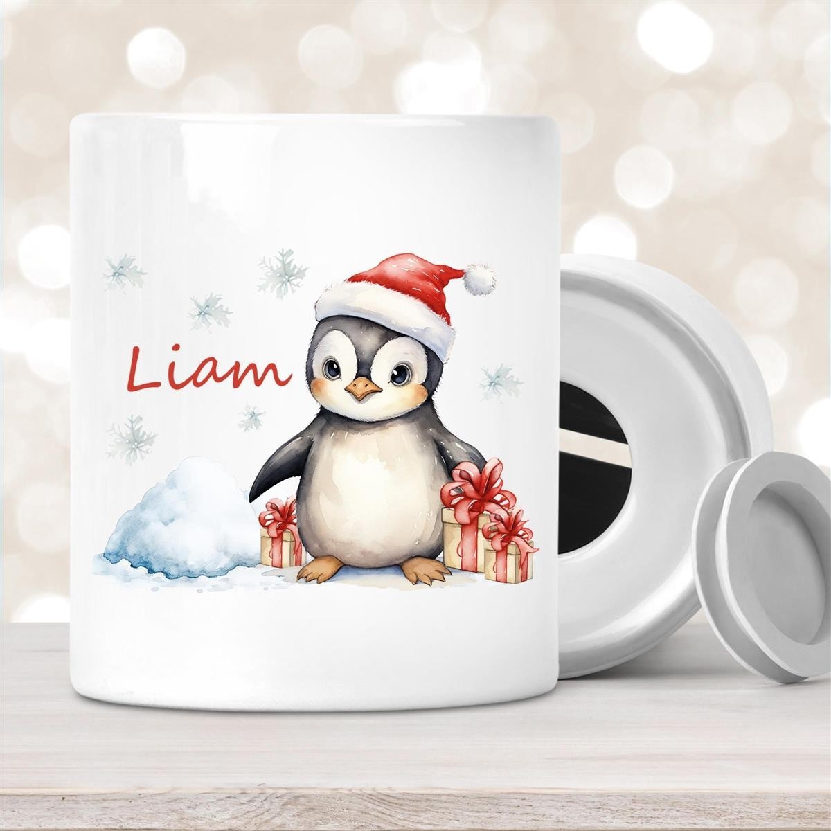 Spardose mit Wunschname Weihnachten Pinguin #1 personalisiert
