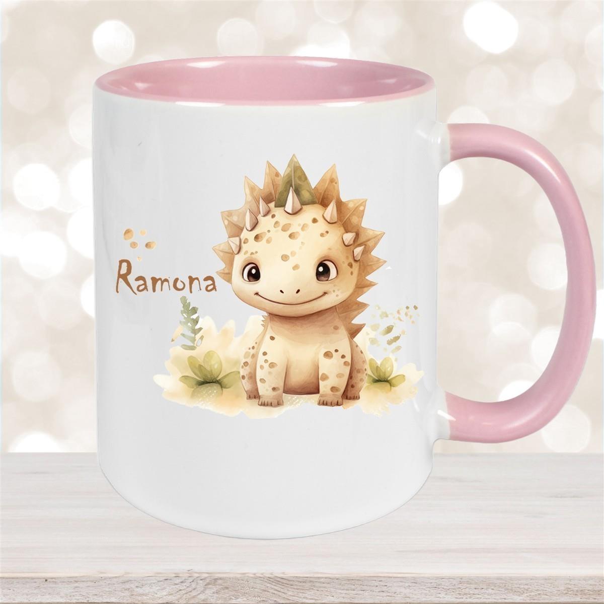 Tasse Wunschname Dino 2 Keramik Kinderbecher versch. Farben