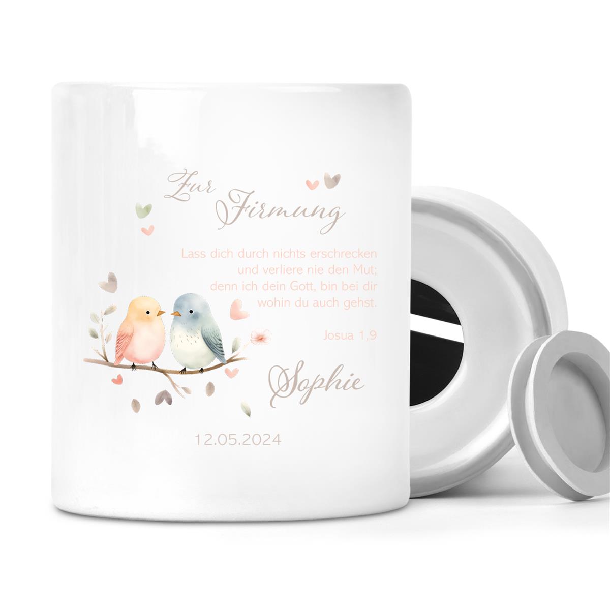 Spardose zur Firmung mit Wunschname Vögel 1 Personalisiert