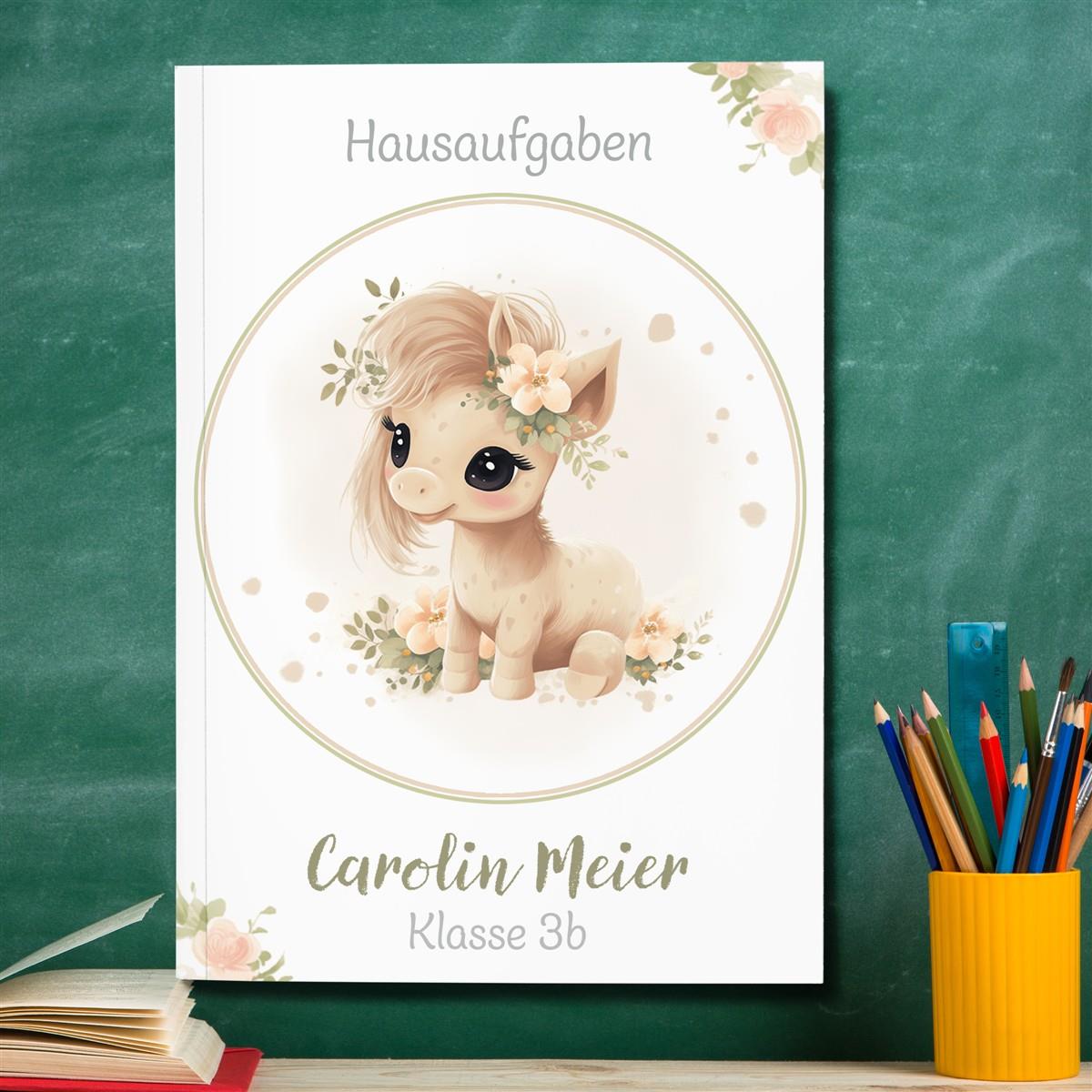 Hausaufgabenheft Pferd 5  DIN A5 - 48 Blatt mit Name und Klasse