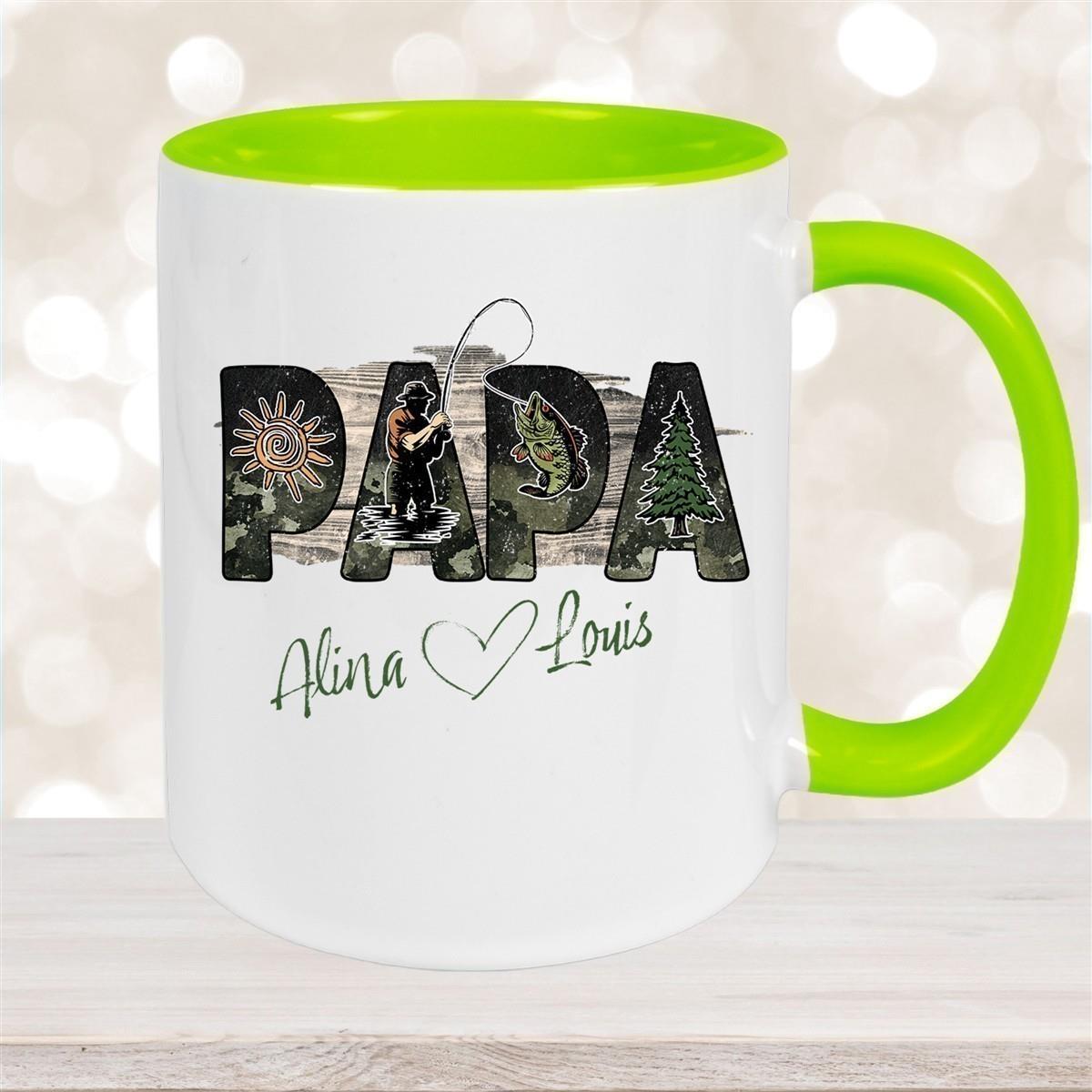 Tasse Vatertag 6 "Angler" Wunschnamen Keramik Personalisiert versch. Farben